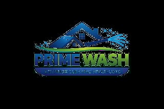 Prime Wash logo featuring a house silhouette with blue roof, water spray, and tagline Power Professional Reliability